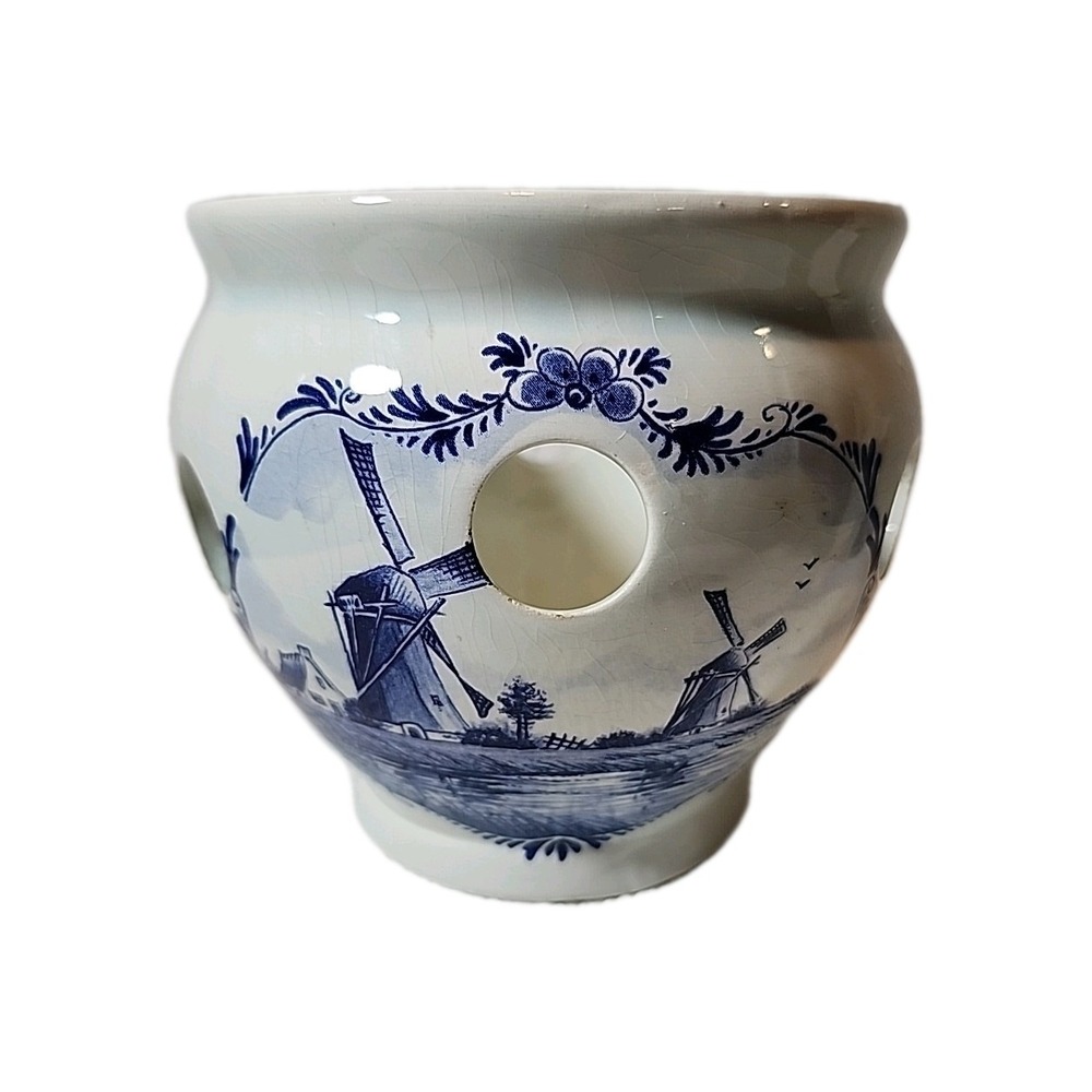 Delft Vintage Blue & White Holland Bulb Pot Planter,  Windmill, Sail Boats.
